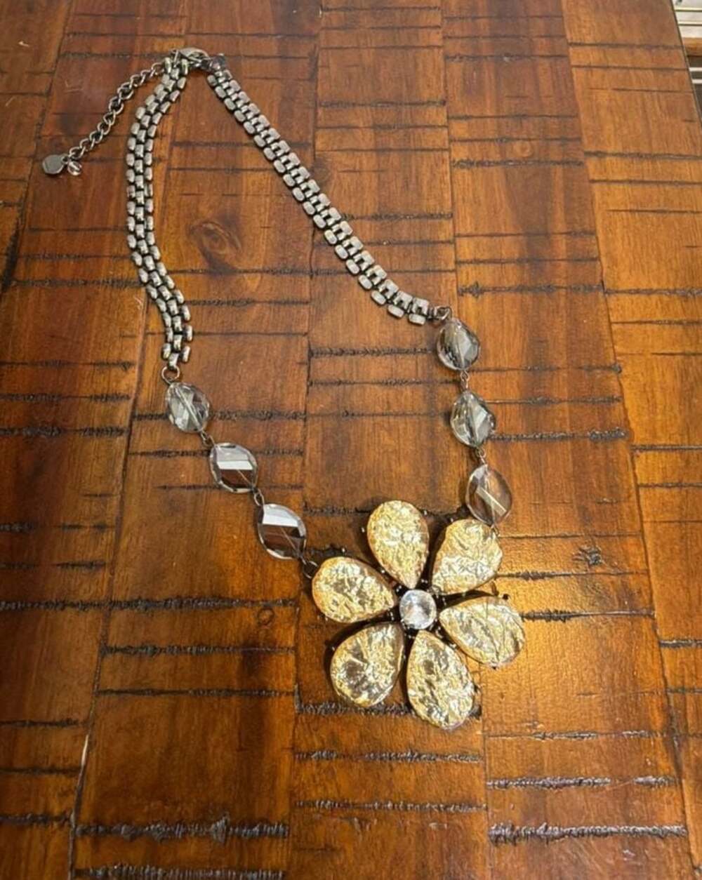 Simply Vera, Floral Statement Necklace with Gunmetal Chain and Gold Foil Petals